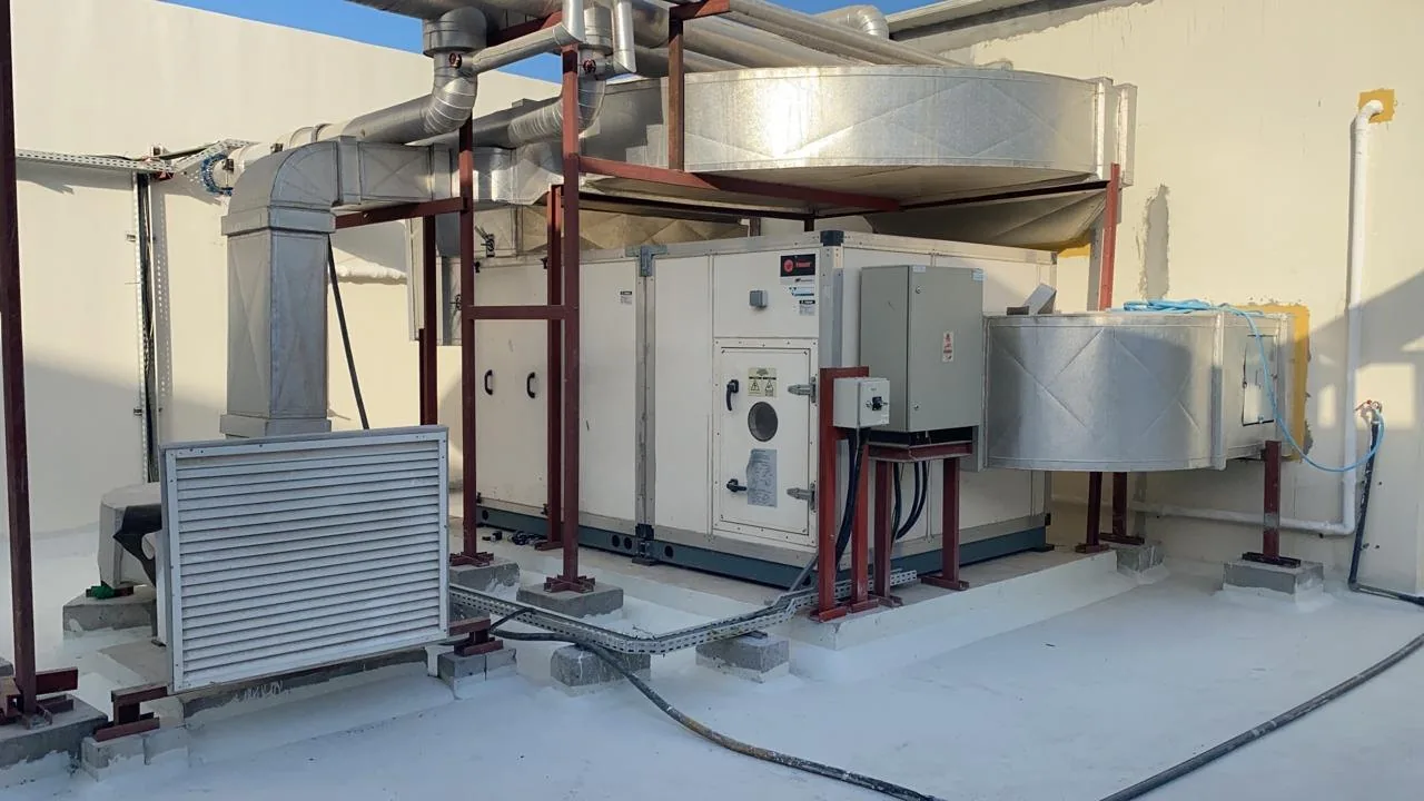 Rooftop air handling units with pipework and ducting